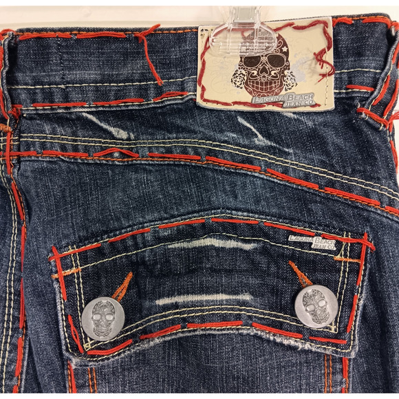 Vintage Y2K Bootcut Jeans 36 x 34 Skull Thick Stitch Embroidered Fading Whiskers - Picture 12 of 14
